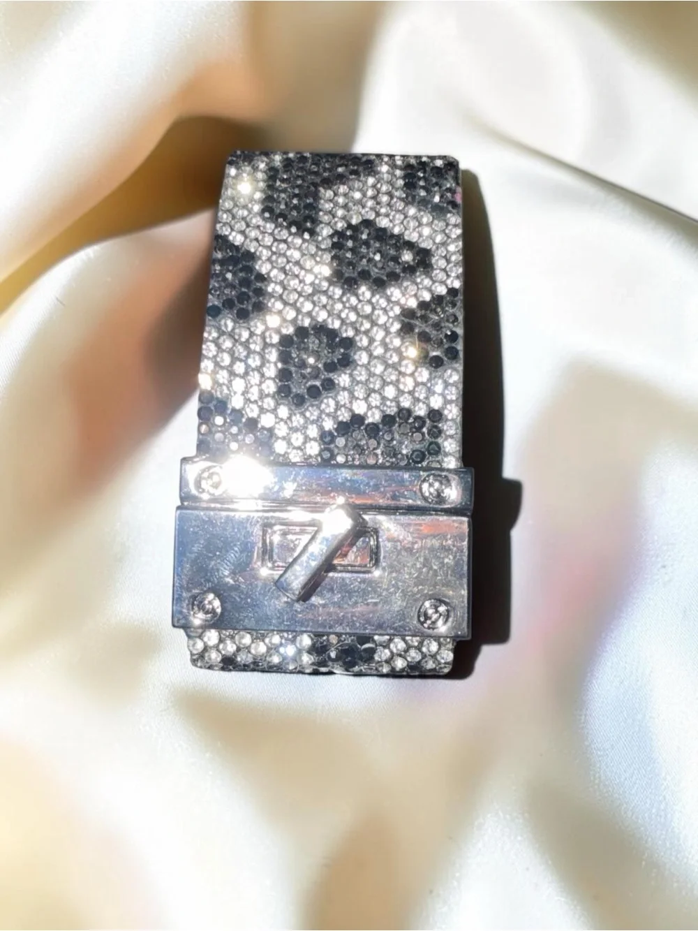 Black & Silver Rhinestone Leopard Print Wide Bracelet